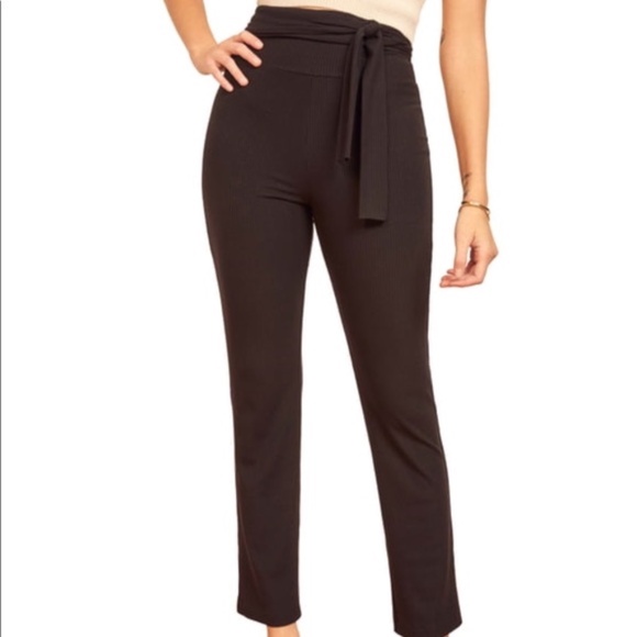 REFORMATION Kassia Tie Waist Rib Pants in Black - Picture 9 of 12